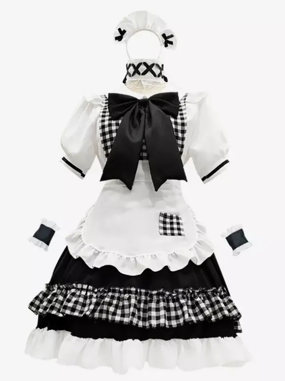 Lolita Maid Outfit Suit Sweet Plaid Uniform Princess Dress Set Anime Cosplay Costumes