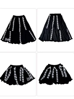 Lolita Skirt Ribbon Lace Embroidery Black A-Line Foldable Long Skirt