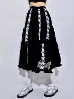 Lolita Skirt Ribbon Lace Embroidery Black A-Line Foldable Long Skirt