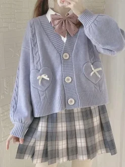 Lolita Sweater Cardigan Pink Bows Polyester Long Sleeves Spring Lolita Outwears