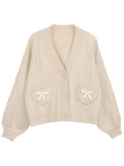 Lolita Sweater Cardigan Pink Bows Polyester Long Sleeves Spring Lolita Outwears
