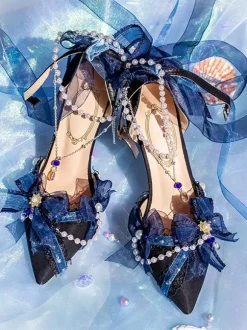 Lolita Wedding Dress Lolita Footwear Pink Color Block Bows Pearls Ruffles Pointed Toe Lolita Shoes