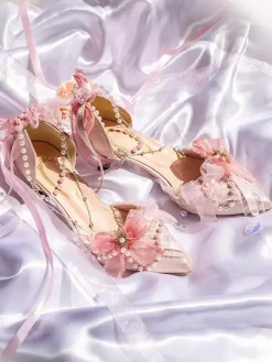 Lolita Wedding Dress Lolita Footwear Pink Color Block Bows Pearls Ruffles Pointed Toe Lolita Shoes
