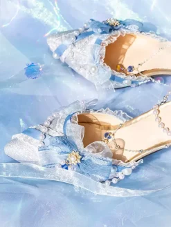 Lolita Wedding Dress Lolita Footwear Pink Color Block Bows Pearls Ruffles Pointed Toe Lolita Shoes