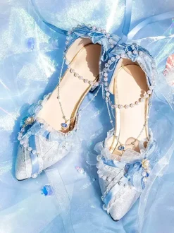 Lolita Wedding Dress Lolita Footwear Pink Color Block Bows Pearls Ruffles Pointed Toe Lolita Shoes