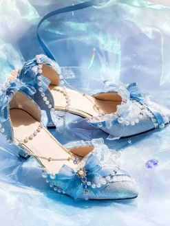 Lolita Wedding Dress Lolita Footwear Pink Color Block Bows Pearls Ruffles Pointed Toe Lolita Shoes