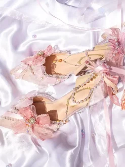 Lolita Wedding Dress Lolita Footwear Pink Color Block Bows Pearls Ruffles Pointed Toe Lolita Shoes