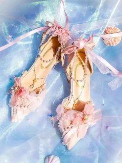 Lolita Wedding Dress Lolita Footwear Pink Color Block Bows Pearls Ruffles Pointed Toe Lolita Shoes