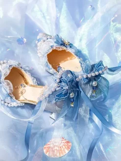 Lolita Wedding Dress Lolita Footwear Pink Color Block Bows Pearls Ruffles Pointed Toe Lolita Shoes