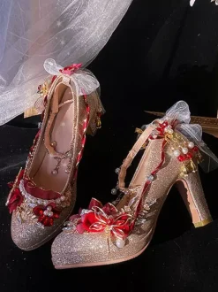 Lolita Wedding Dress Lolita Footwear Gold Color Block Pearls Chains Flowers Round Toe PU Leather Lolita Pumps