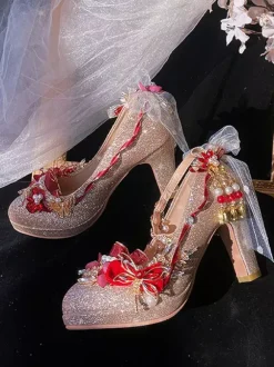 Lolita Wedding Dress Lolita Footwear Gold Color Block Pearls Chains Flowers Round Toe PU Leather Lolita Pumps