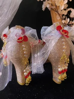 Lolita Wedding Dress Lolita Footwear Gold Color Block Pearls Chains Flowers Round Toe PU Leather Lolita Pumps