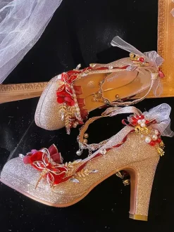 Lolita Wedding Dress Lolita Footwear Gold Color Block Pearls Chains Flowers Round Toe PU Leather Lolita Pumps