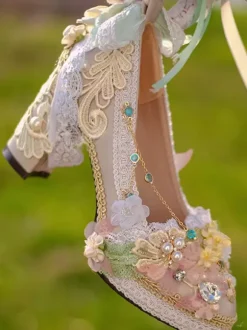 Lolita Wedding Dress Lolita Footwear Pink Lace Ruffles Pearls Flowers Round Toe PU Leather Lolita Shoes