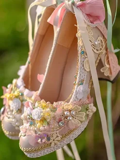 Lolita Wedding Dress Lolita Footwear Pink Lace Ruffles Pearls Flowers Round Toe PU Leather Lolita Shoes