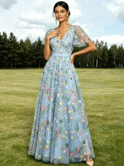 Long Formal Dress Dusty Lilac Floral Embroidery Tulle Maxi Dress V Neck Flutter Short Sleeve A Line Wedding Guest Gown