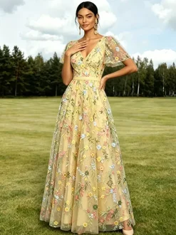 Long Formal Dress Dusty Lilac Floral Embroidery Tulle Maxi Dress V Neck Flutter Short Sleeve A Line Wedding Guest Gown