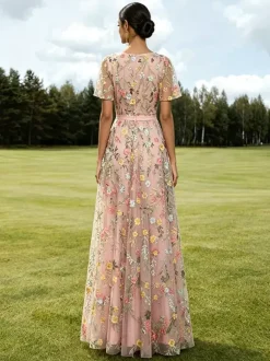 Long Formal Dress Dusty Lilac Floral Embroidery Tulle Maxi Dress V Neck Flutter Short Sleeve A Line Wedding Guest Gown