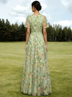 Long Formal Dress Dusty Lilac Floral Embroidery Tulle Maxi Dress V Neck Flutter Short Sleeve A Line Wedding Guest Gown