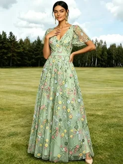 Long Formal Dress Dusty Lilac Floral Embroidery Tulle Maxi Dress V Neck Flutter Short Sleeve A Line Wedding Guest Gown