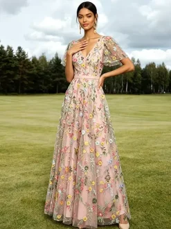 Long Formal Dress Dusty Lilac Floral Embroidery Tulle Maxi Dress V Neck Flutter Short Sleeve A Line Wedding Guest Gown