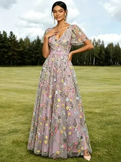 Long Formal Dress Dusty Lilac Floral Embroidery Tulle Maxi Dress V Neck Flutter Short Sleeve A Line Wedding Guest Gown