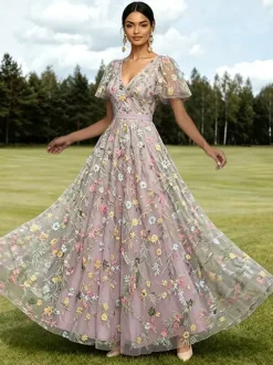 Long Formal Dress Dusty Lilac Floral Embroidery Tulle Maxi Dress V Neck Flutter Short Sleeve A Line Wedding Guest Gown