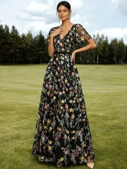 Long Formal Dress Dusty Lilac Floral Embroidery Tulle Maxi Dress V Neck Flutter Short Sleeve A Line Wedding Guest Gown