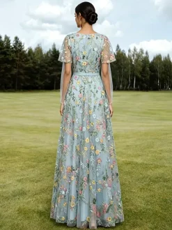Long Formal Dress Dusty Lilac Floral Embroidery Tulle Maxi Dress V Neck Flutter Short Sleeve A Line Wedding Guest Gown