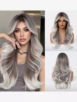 Long Layered Loose Wave Synthetic Wig Curtain Bang Ombre Root Highlight Wig