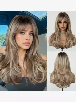 Long Layered Loose Wave Synthetic Wig Curtain Bang Ombre Root Highlight Wig