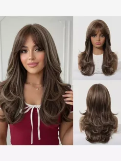 Long Layered Loose Wave Synthetic Wig Curtain Bang Ombre Root Highlight Wig