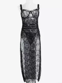 Long Nightgown Black Sexy Shaping Backless Cut Out Polyester Lingerie