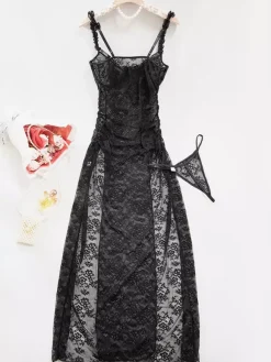 Long Nightgown Black Sexy Shaping Backless Cut Out Polyester Lingerie