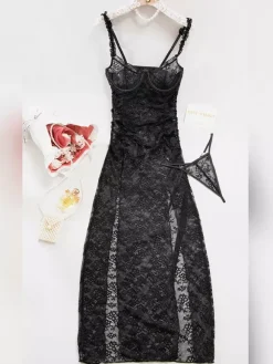 Long Nightgown Black Sexy Shaping Backless Cut Out Polyester Lingerie