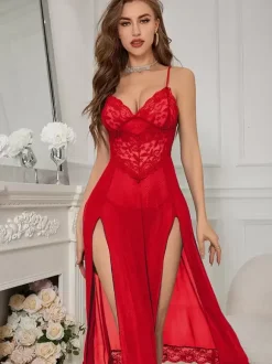 Long Nightgown High Slit Lace Tulle Sexual Lingerie
