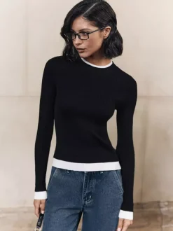 Long Sleeve Rib-knit Sweater With Contrasting Edges Spring Casual Basic Tops For Women 2026