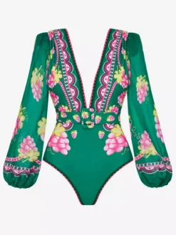 Long Sleeve Swimsuit Set For Women - Green Fruit Print Deep V Monokini With Belted Waist & Maxi Skirt - Summer Resort 2026