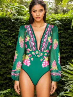 Long Sleeve Swimsuit Set For Women - Green Fruit Print Deep V Monokini With Belted Waist & Maxi Skirt - Summer Resort 2026