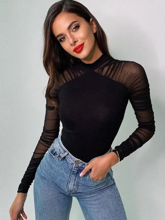 Long Sleeves Bodysuit Black Stretch Jewel Neck Chic Polyester Top For Women