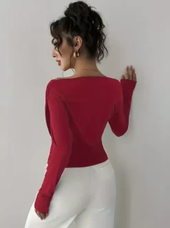 Long Sleeves Tees Black Asymmetrical Neck Polyester Tee Shirt For Women