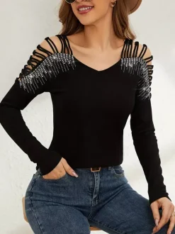 Long Sleeves Tees Black Cotton Clothes Rhinestones Cut Out V-Neck Women Tee Shirt