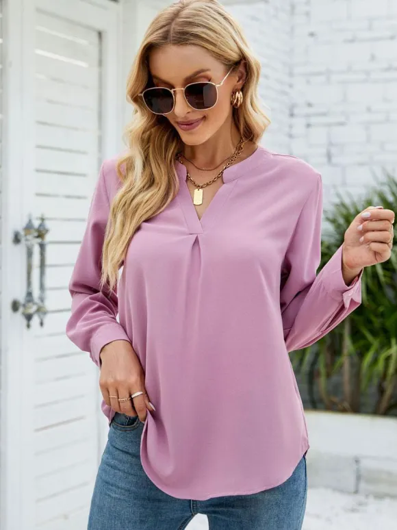 Long Sleeves Tees White Chiffon V-Neck Women T Shirt