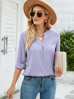 Long Sleeves Tees White Chiffon V-Neck Women T Shirt