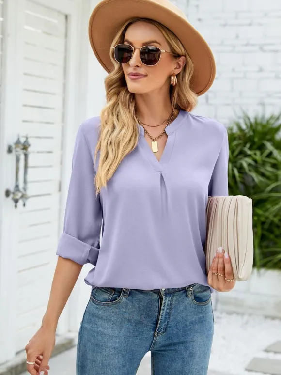 Long Sleeves Tees White Chiffon V-Neck Women T Shirt