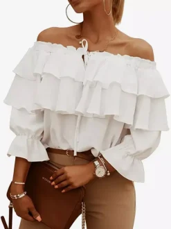 Long Sleeves Tees White Ruffles Bateau Neck Women T Shirt