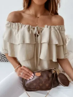 Long Sleeves Tees White Ruffles Bateau Neck Women T Shirt