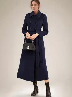 Long Wool Blend Coat For Women Burgundy Double-breasted Belted Turndown Collar Classic Winter Outerwear 2026