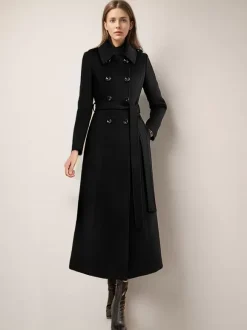 Long Wool Blend Coat For Women Burgundy Double-breasted Belted Turndown Collar Classic Winter Outerwear 2026