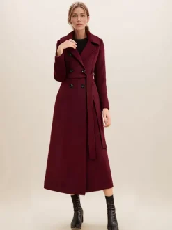 Long Wool Blend Coat For Women Burgundy Double-breasted Belted Turndown Collar Classic Winter Outerwear 2026